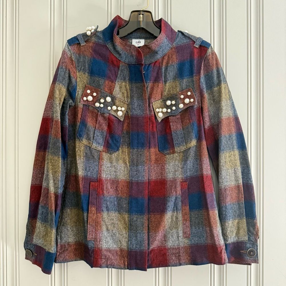 Plaid Utility Jacket with Pearl Accents